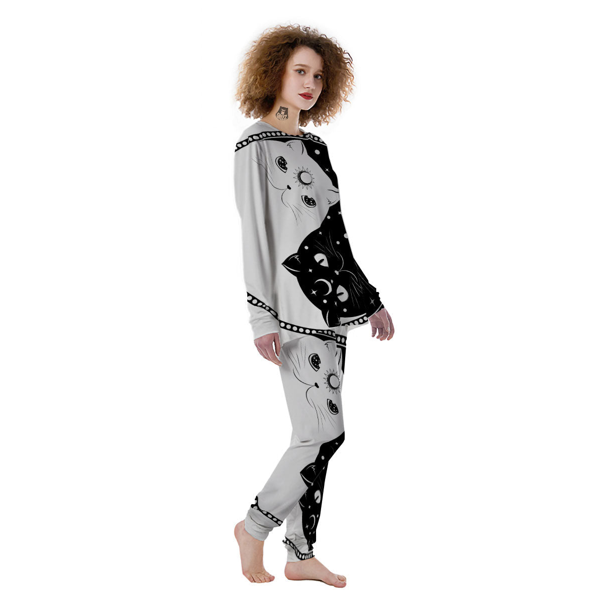 Cat Yin Yang White And Black Print Women's Pajamas-grizzshop