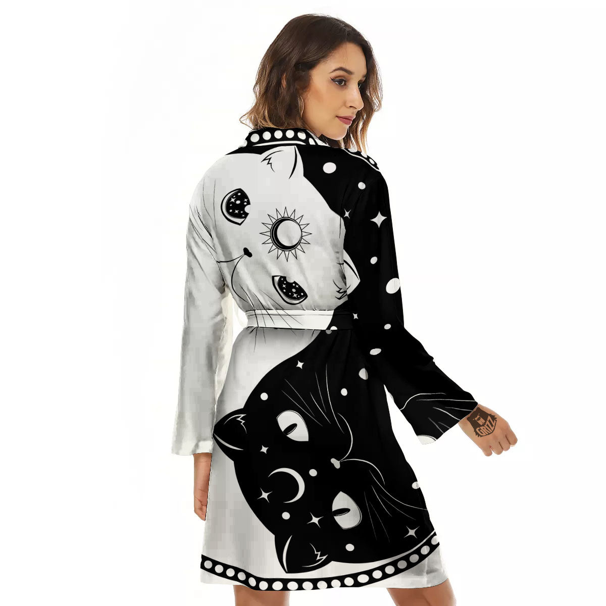 Cat Yin Yang White And Black Print Women's Robe-grizzshop