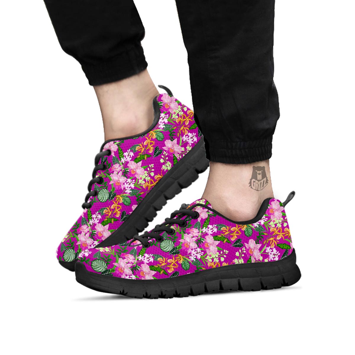 Cattleya Tropical Print Pattern Black Sneaker-grizzshop