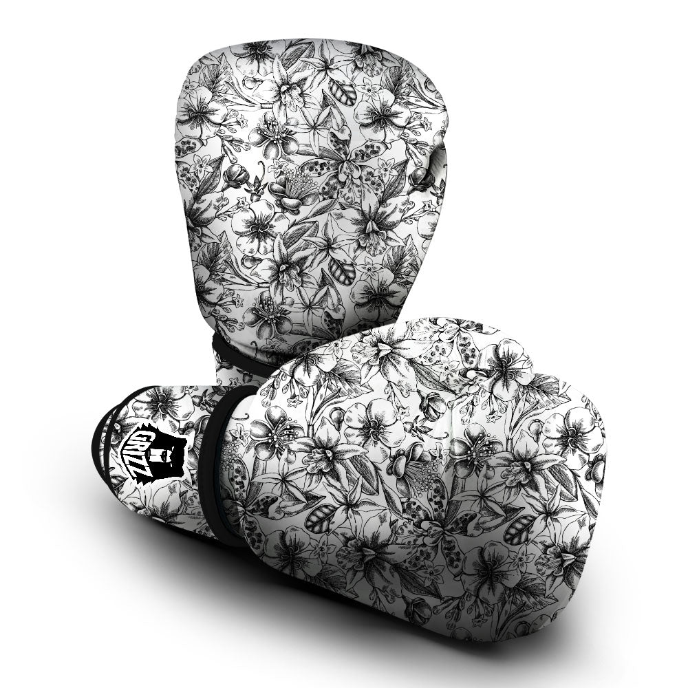 Cattleya White And Black Print Pattern Boxing Gloves-grizzshop