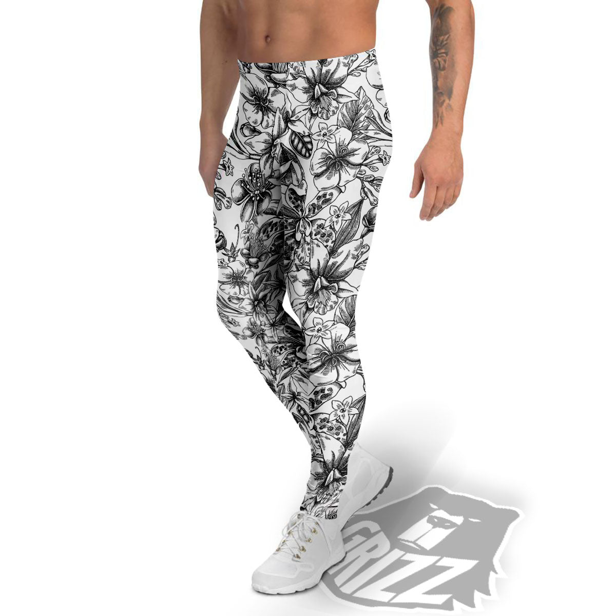 Cattleya White And Black Print Pattern Men's Leggings-grizzshop