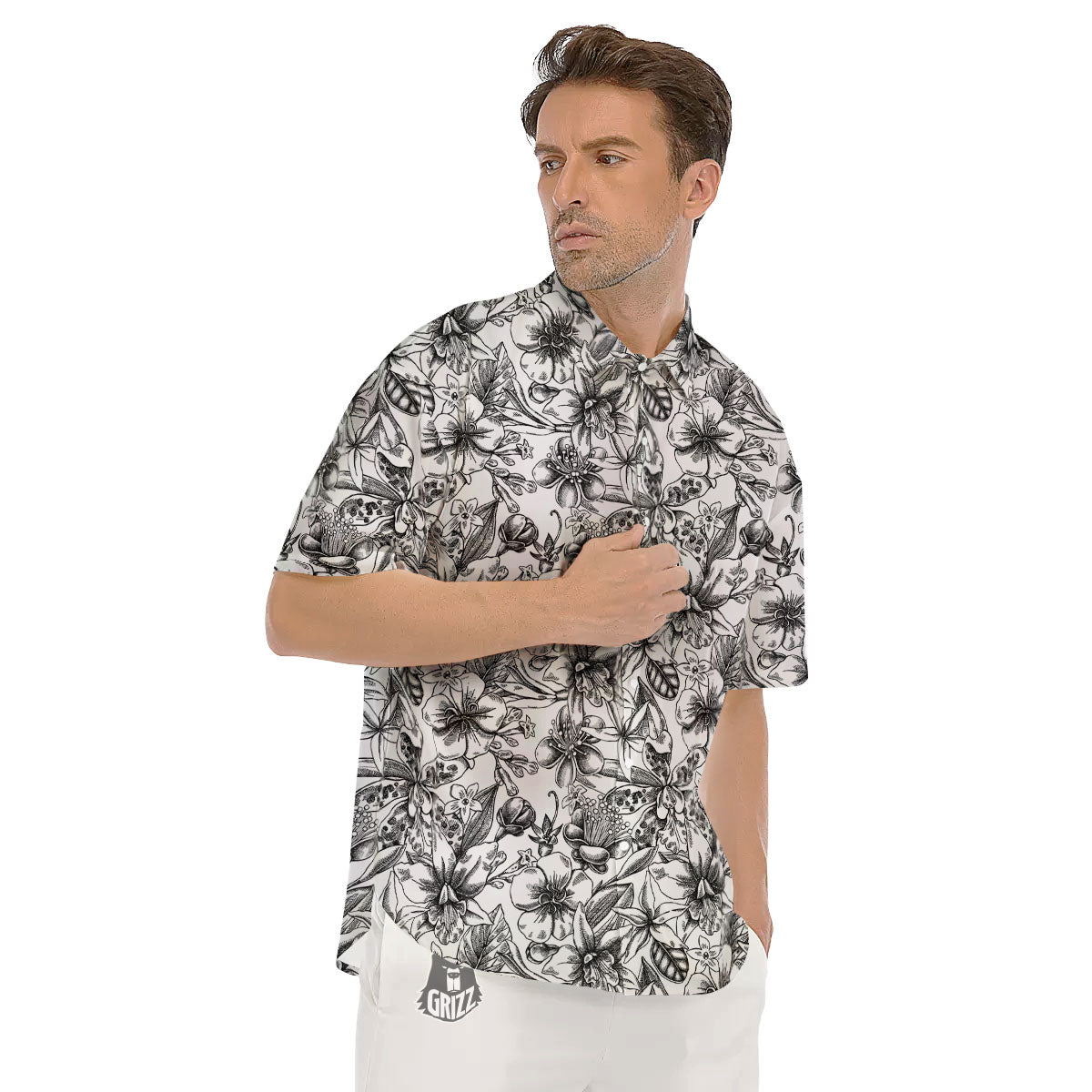 Cattleya White And Black Print Pattern Men's Short Sleeve Shirts-grizzshop