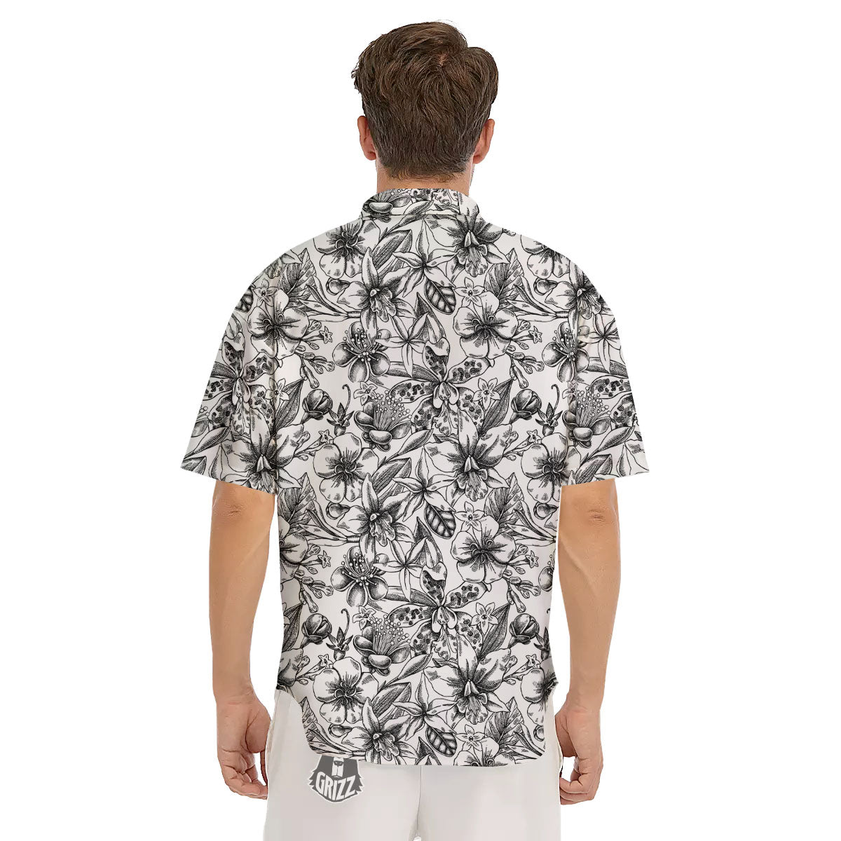 Cattleya White And Black Print Pattern Men's Short Sleeve Shirts-grizzshop