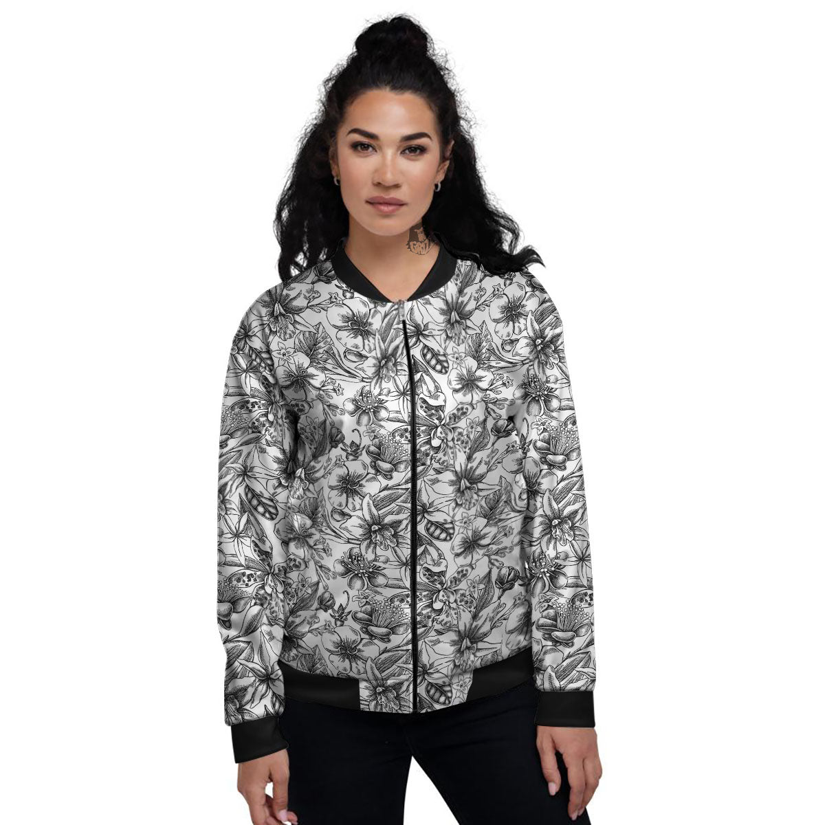 Cattleya White And Black Print Pattern Women's Bomber Jacket-grizzshop
