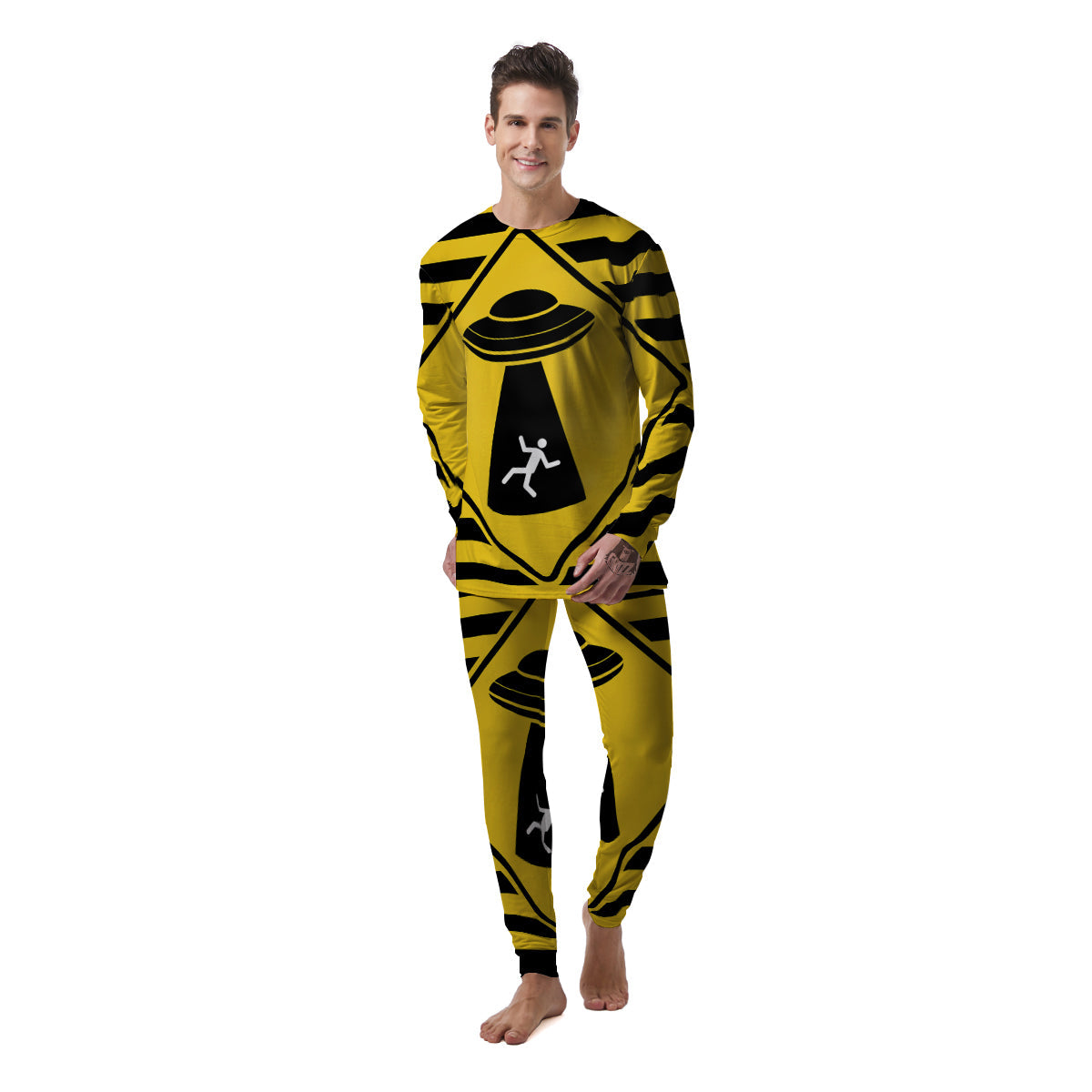 Caution Alien Abduction Warning Sign Print Men's Pajamas-grizzshop