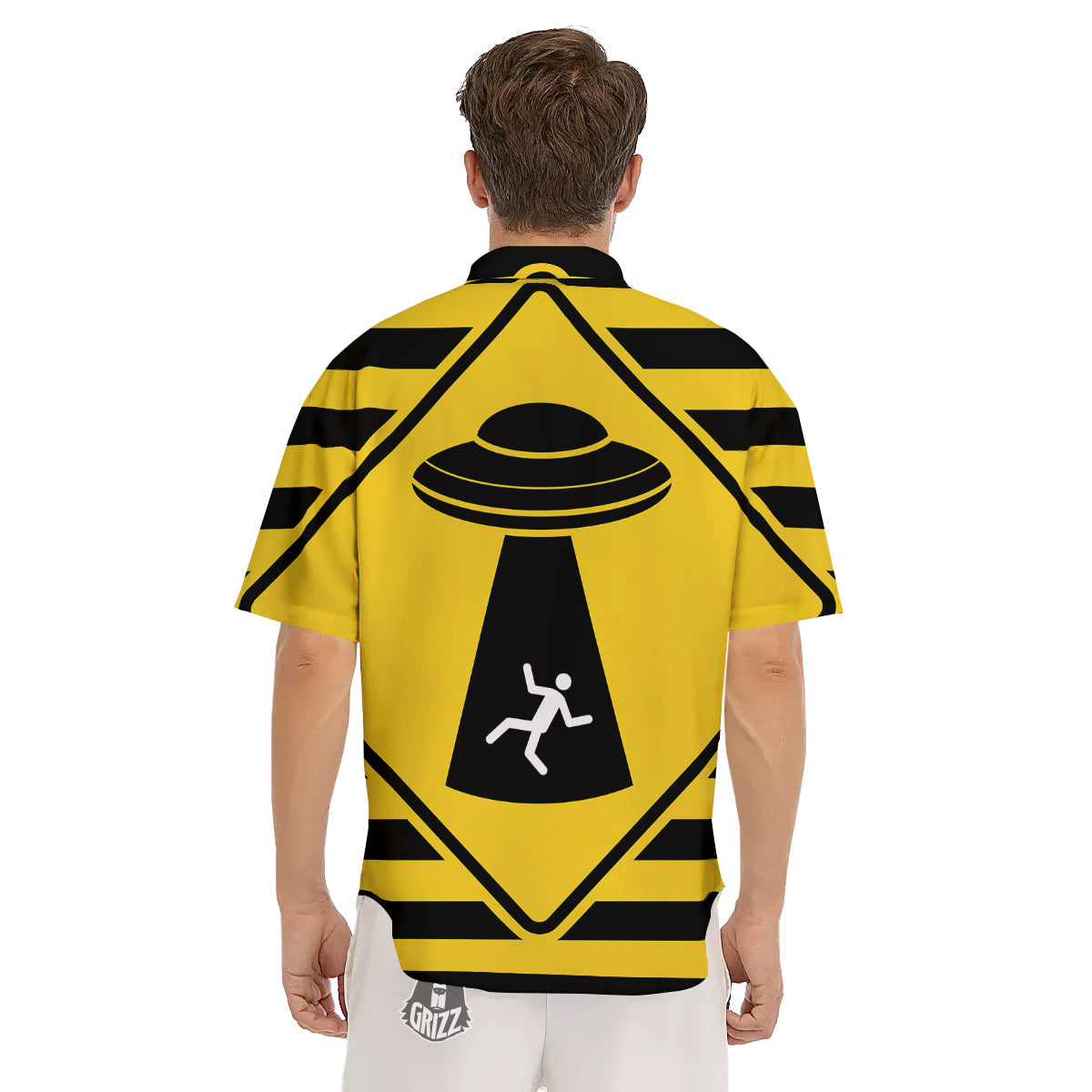 Caution Alien Abduction Warning Sign Print Men's Short Sleeve Shirts-grizzshop