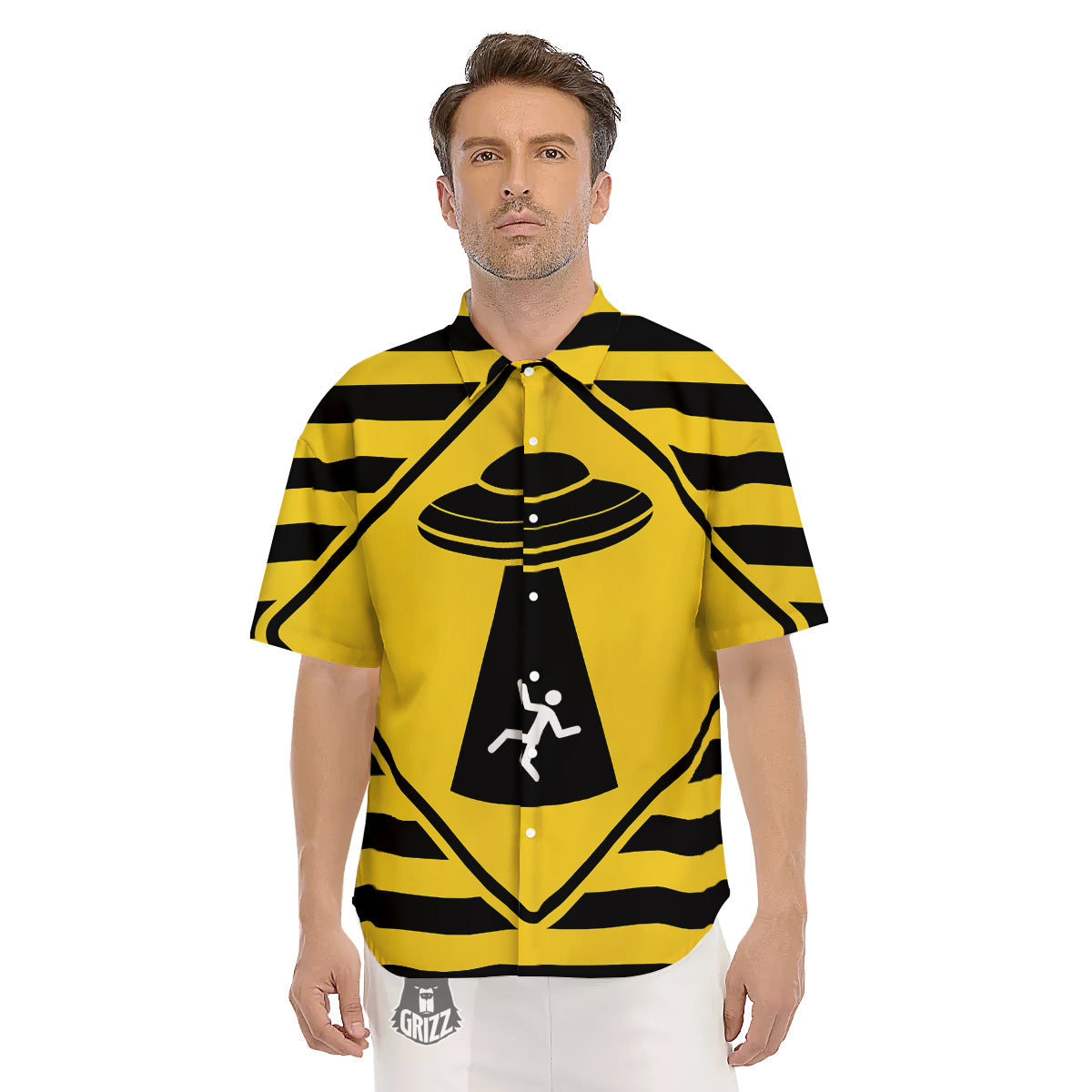 Caution Alien Abduction Warning Sign Print Men's Short Sleeve Shirts-grizzshop