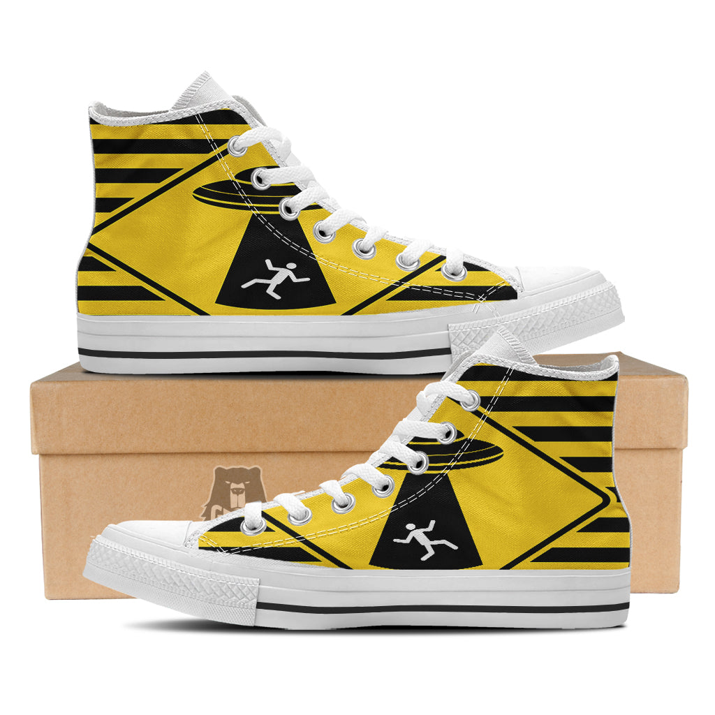 Caution Alien Abduction Warning Sign Print White High Top Shoes-grizzshop