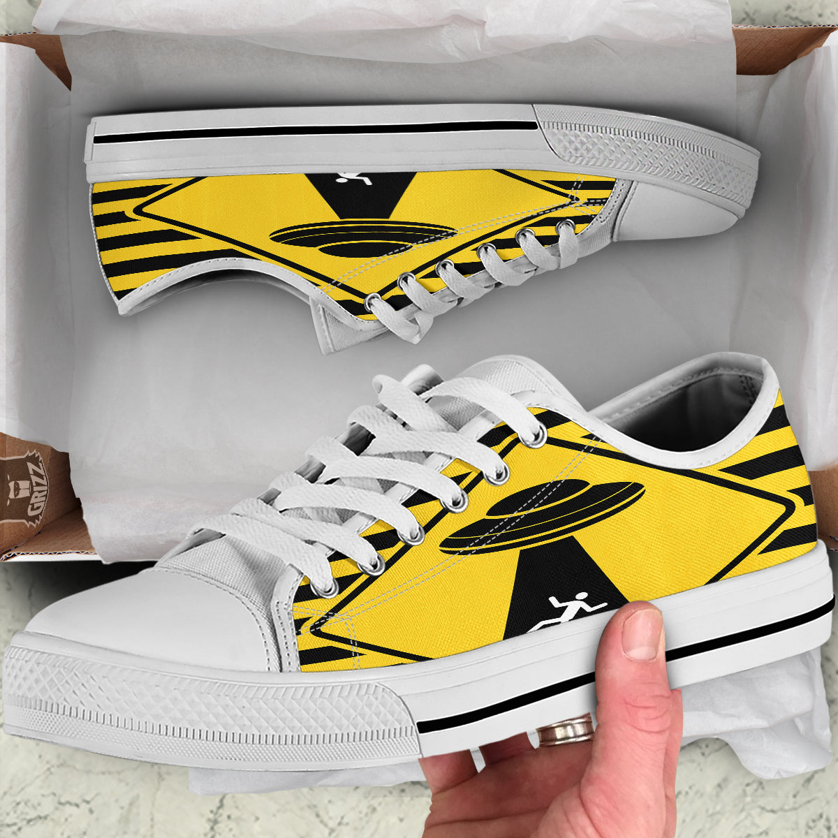 Caution Alien Abduction Warning Sign Print White Low Top Shoes-grizzshop