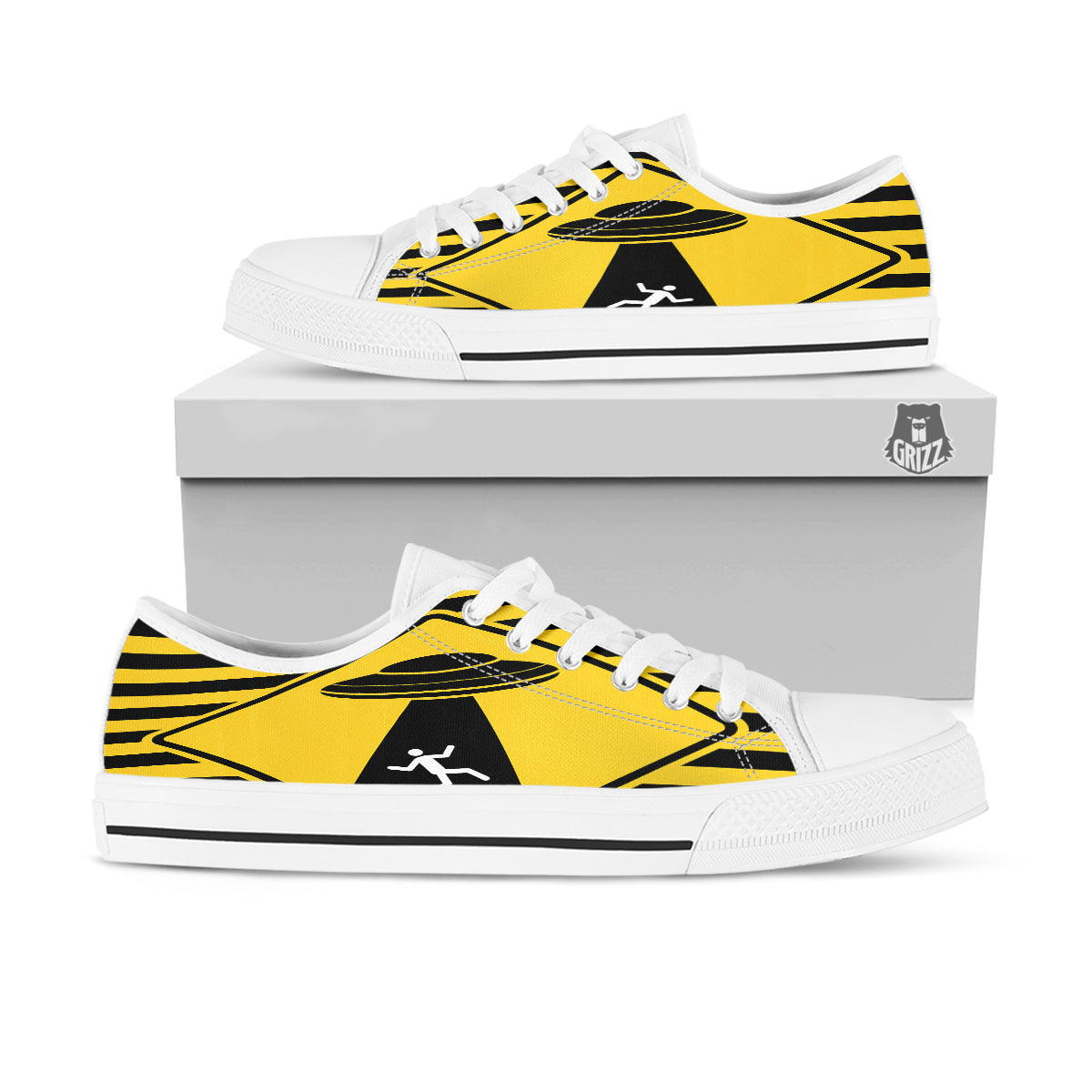 Caution Alien Abduction Warning Sign Print White Low Top Shoes-grizzshop