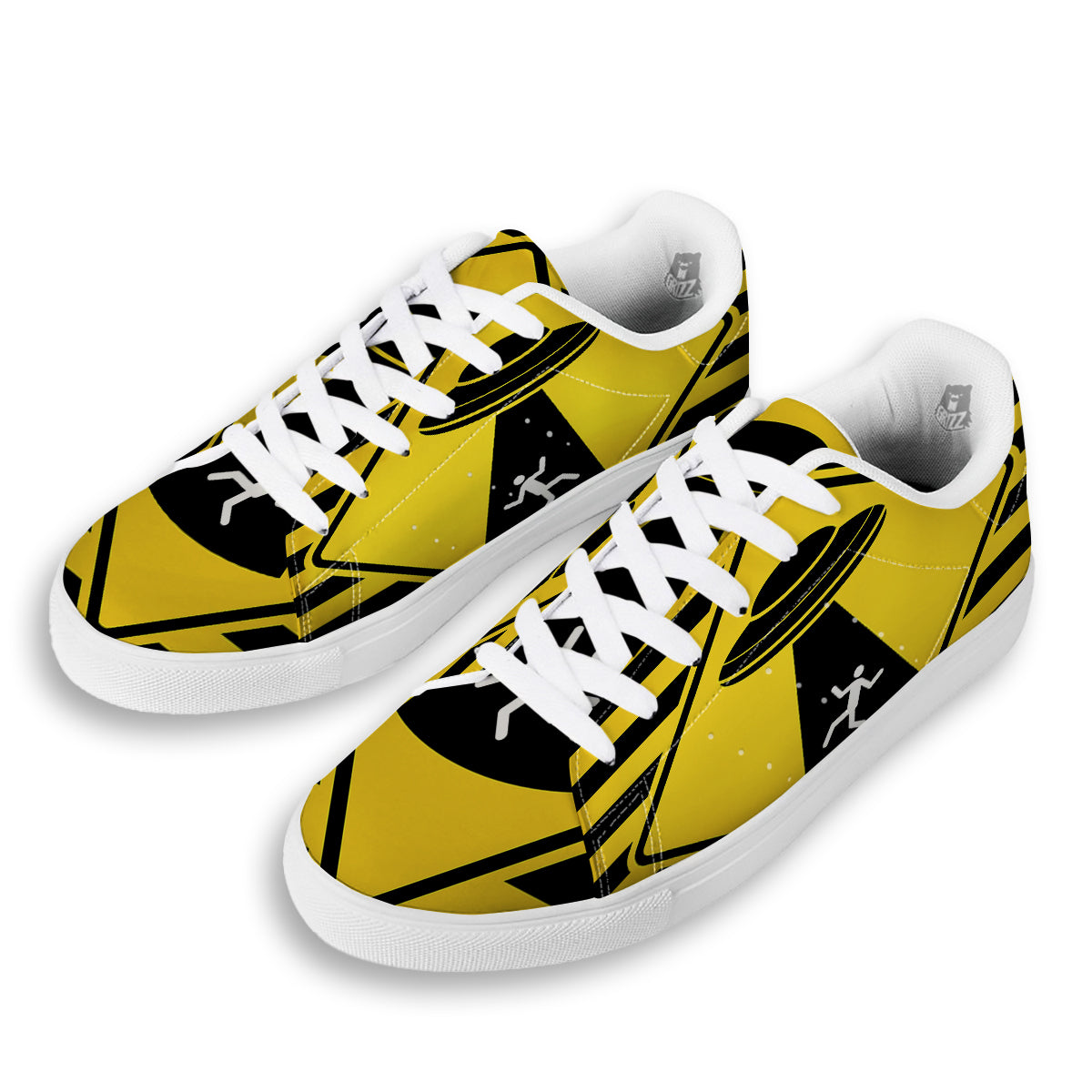 Caution Alien Abduction Warning Sign Print White Low Top Sneakers-grizzshop