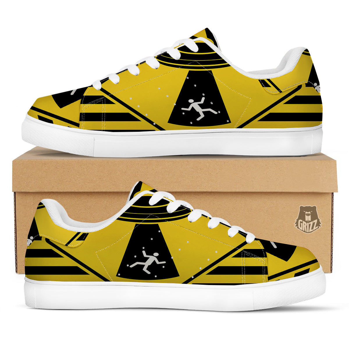 Caution Alien Abduction Warning Sign Print White Low Top Sneakers-grizzshop