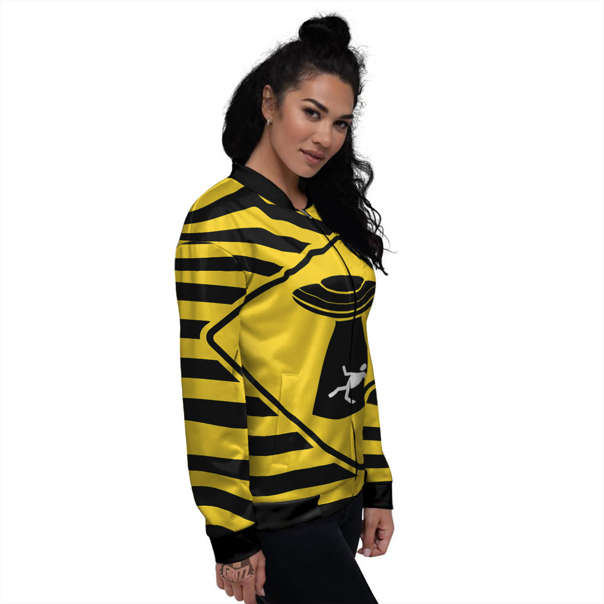 Caution Alien Abduction Warning Sign Print Women's Bomber Jacket-grizzshop