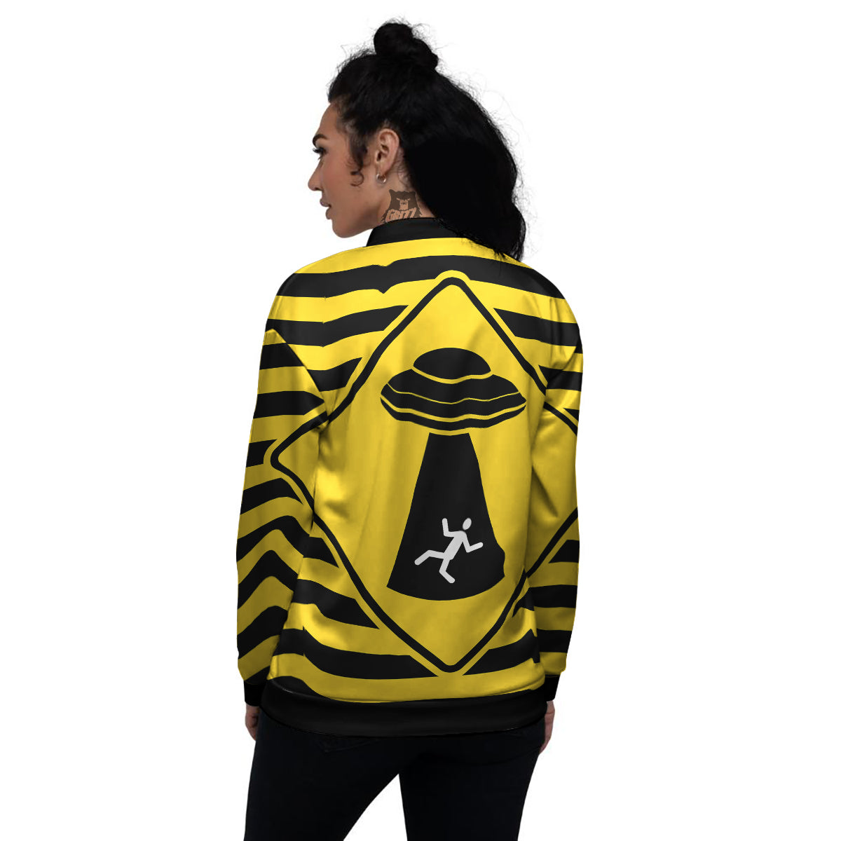 Caution Alien Abduction Warning Sign Print Women's Bomber Jacket-grizzshop