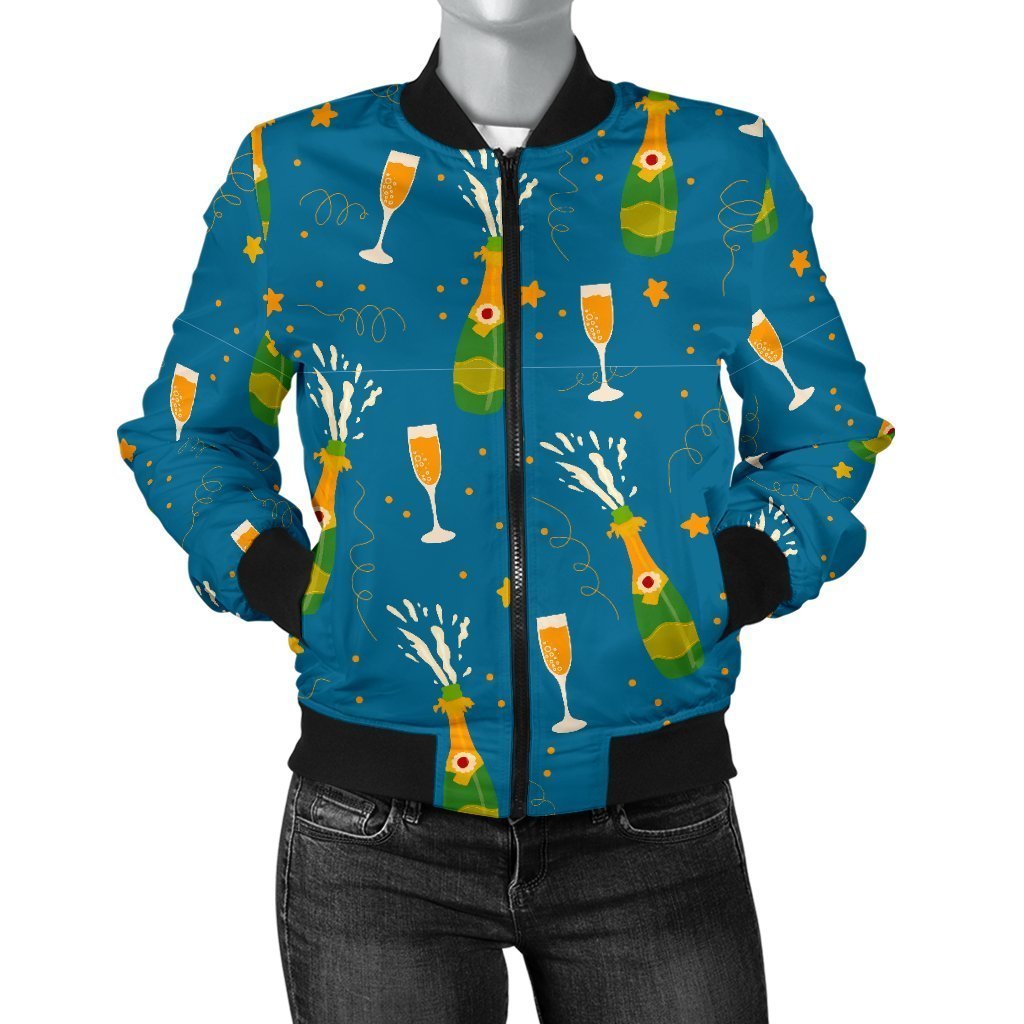 Celebrate Champagne Print Pattern Women Casual Bomber Jacket-grizzshop