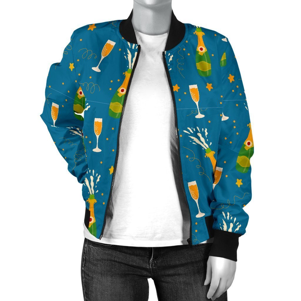 Celebrate Champagne Print Pattern Women Casual Bomber Jacket-grizzshop