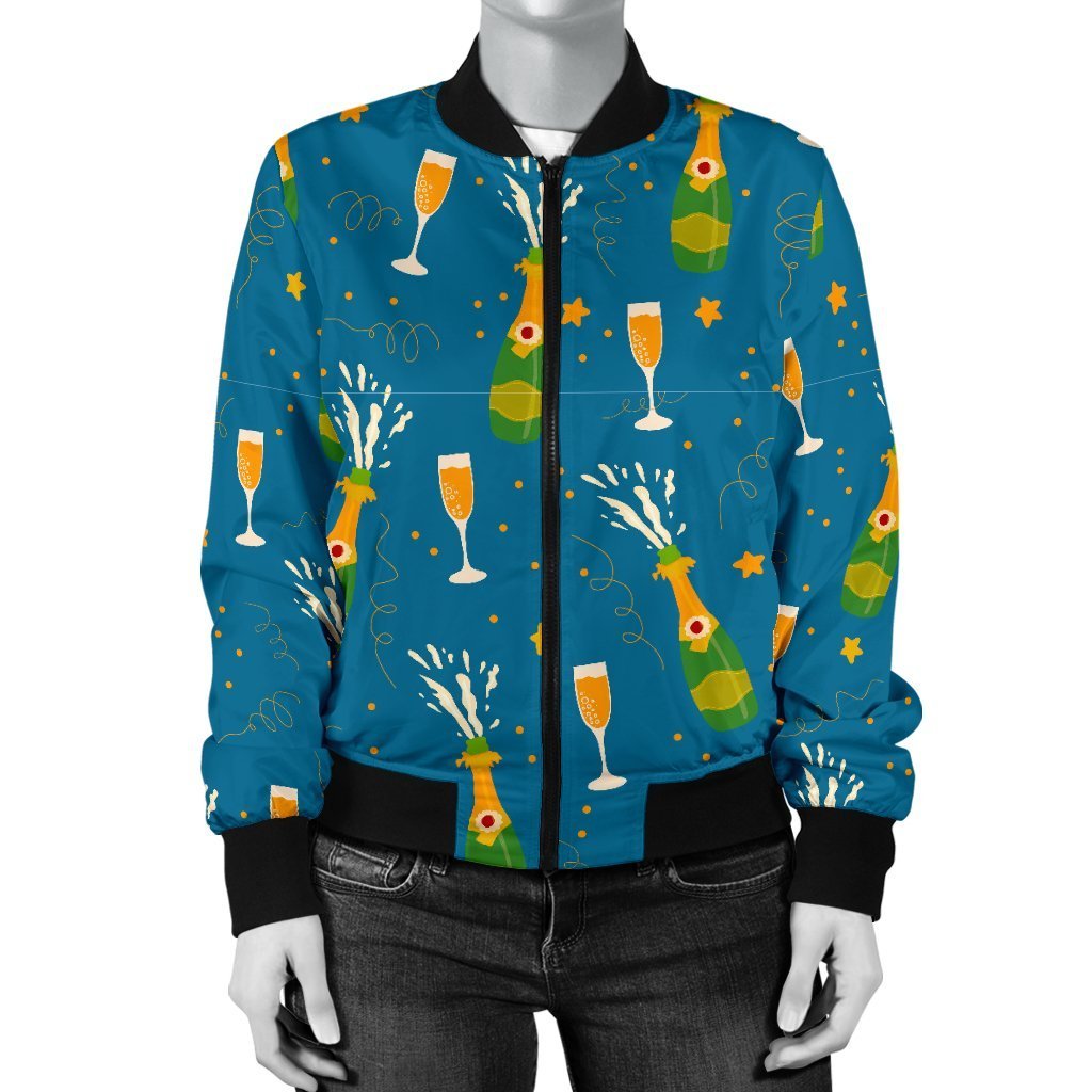 Celebrate Champagne Print Pattern Women Casual Bomber Jacket-grizzshop