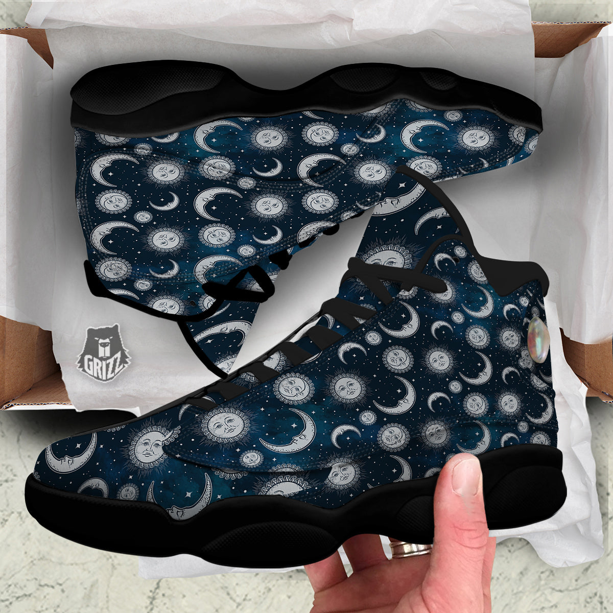 Celestial Blue And White Print Pattern Black Basketball Shoes-grizzshop