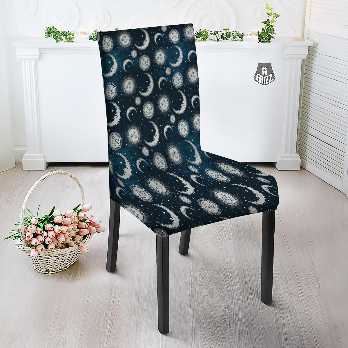 Celestial Blue And White Print Pattern Dining Chair Slipcover-grizzshop