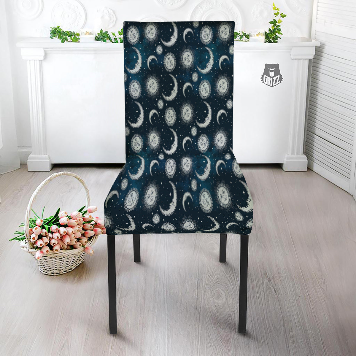 Celestial Blue And White Print Pattern Dining Chair Slipcover-grizzshop