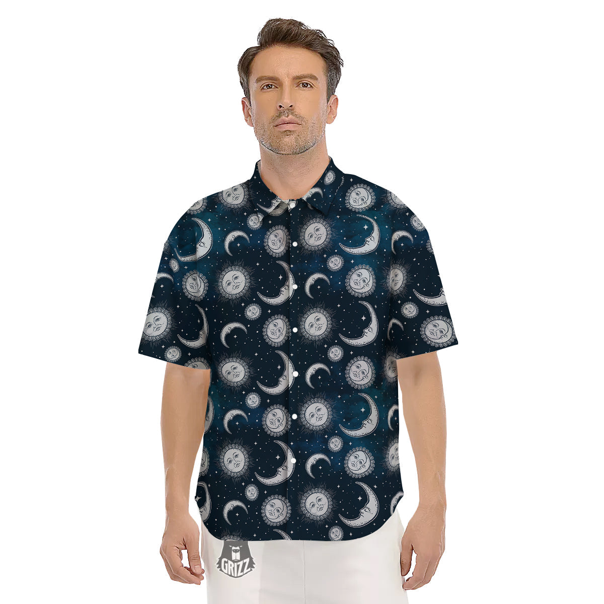 Celestial Blue And White Print Pattern Men's Short Sleeve Shirts-grizzshop