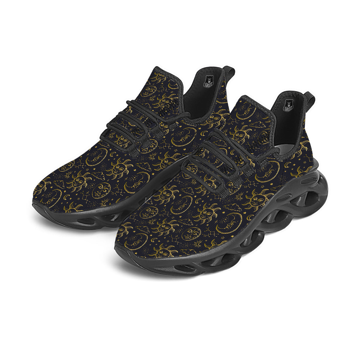 Celestial Gold And Black Print Pattern Black Running Shoes-grizzshop