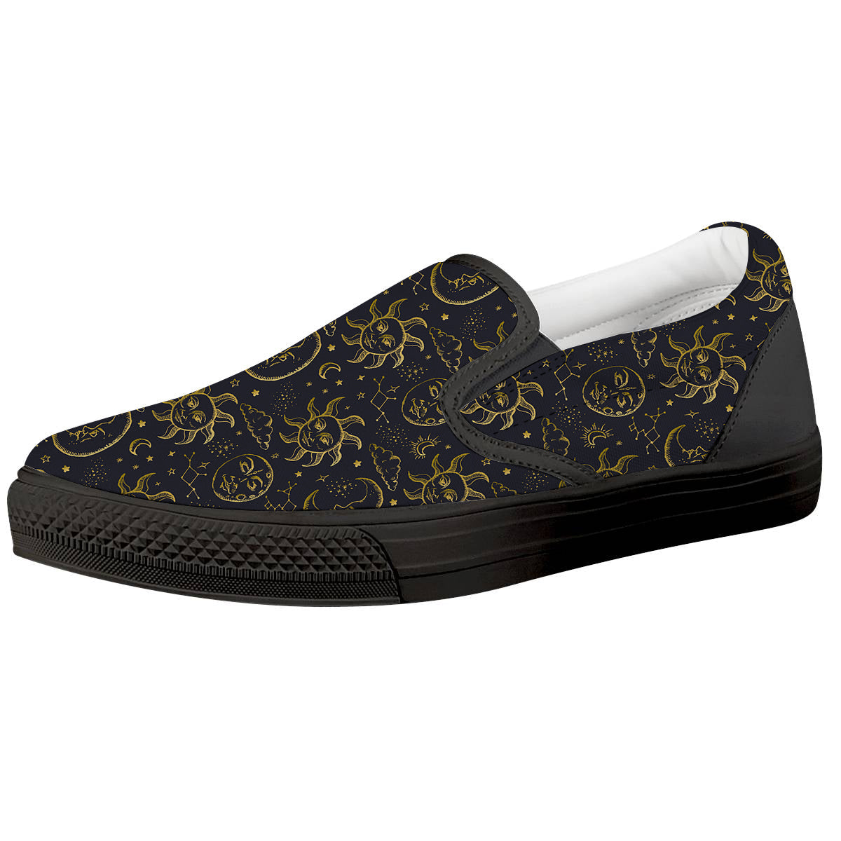 Celestial Gold And Black Print Pattern Black Slip On Shoes-grizzshop