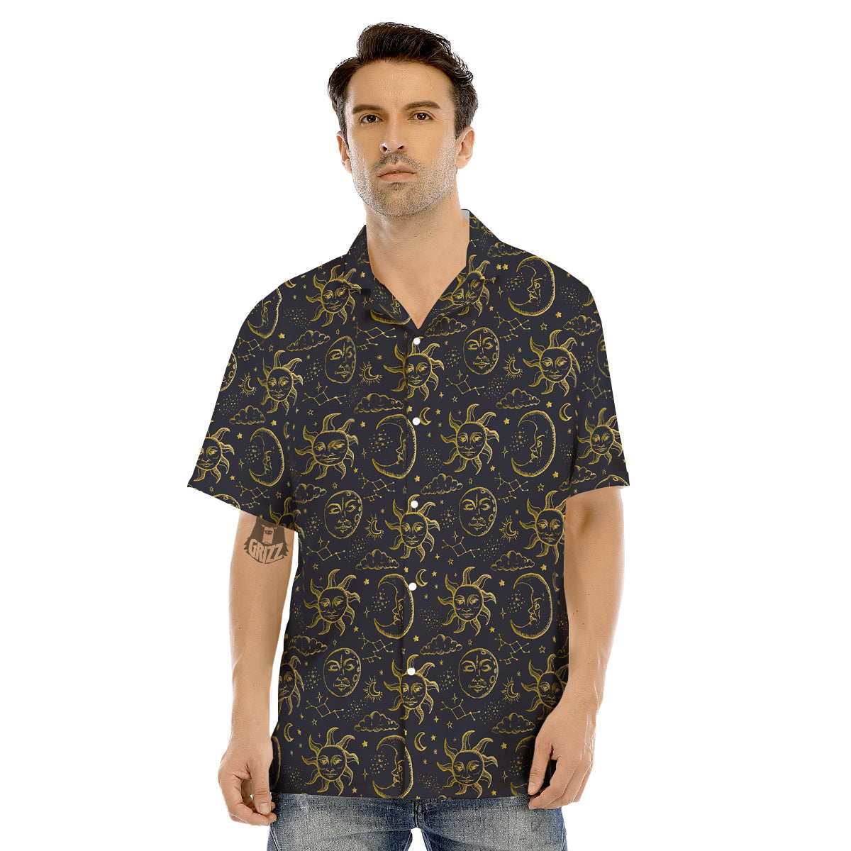 Celestial Gold And Black Print Pattern Men's Hawaiian Shirt-grizzshop