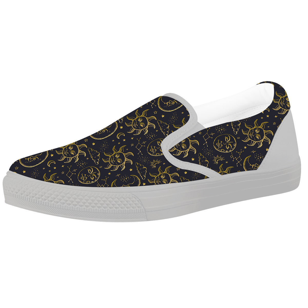 Celestial Gold And Black Print Pattern White Slip On Shoes-grizzshop