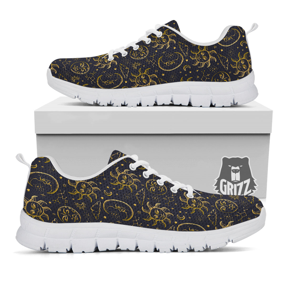 Celestial Gold And Black Print Pattern White Sneaker-grizzshop