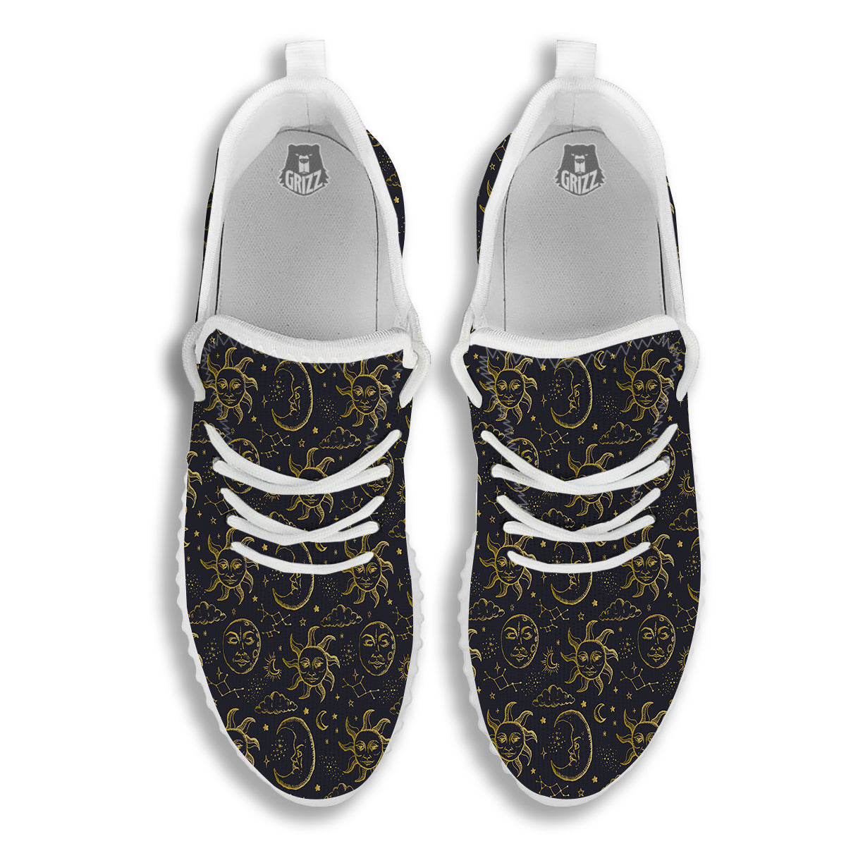 Celestial Gold And Black Print Pattern White Walking Shoes-grizzshop