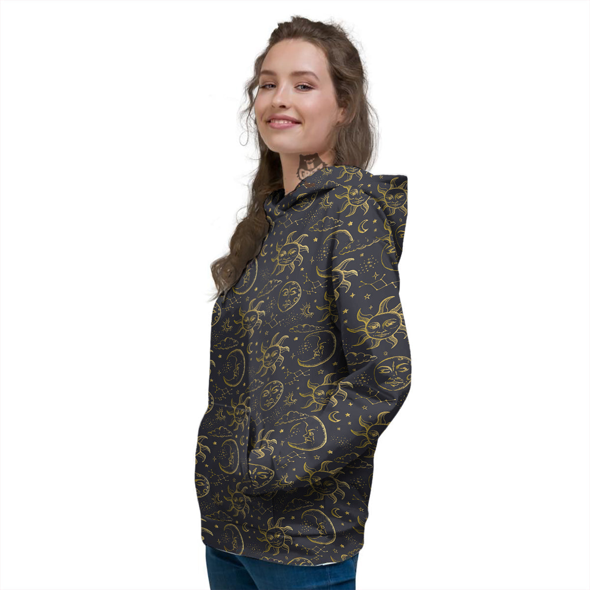 Celestial Gold And Black Print Pattern Women's Hoodie-grizzshop