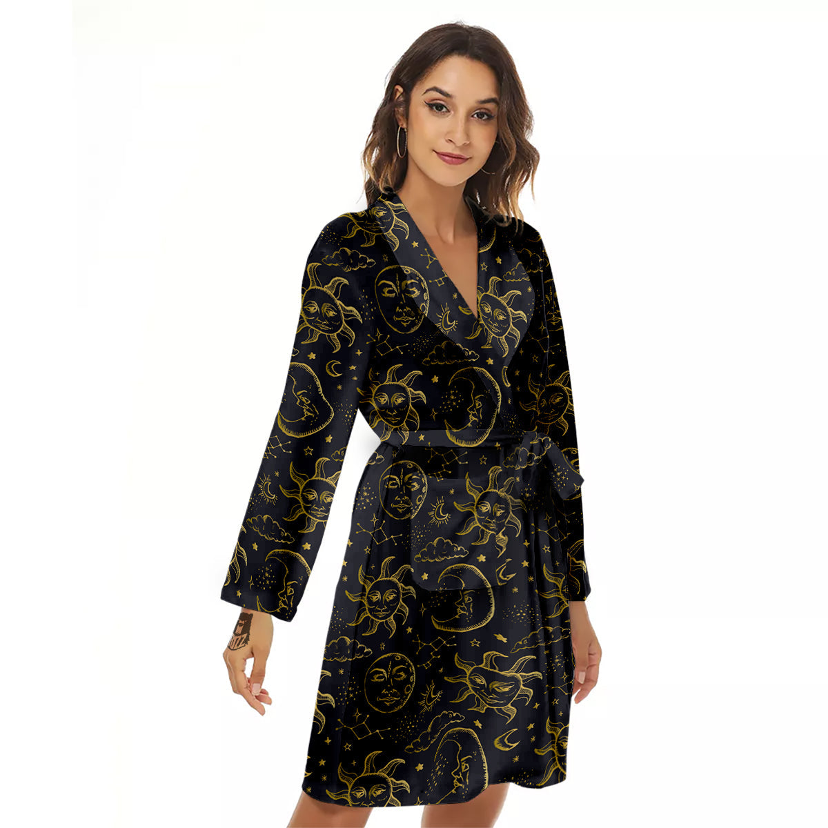 Celestial Gold And Black Print Pattern Women's Robe-grizzshop