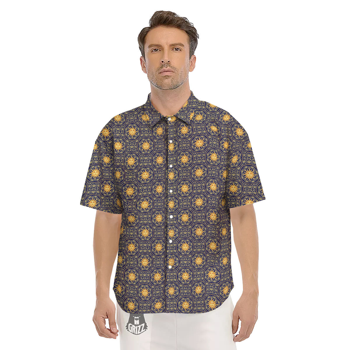 Celestial Gold And Blue Print Pattern Men's Short Sleeve Shirts-grizzshop