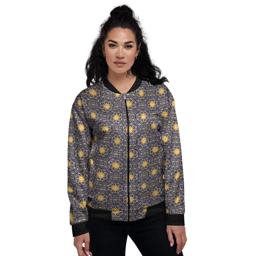 Celestial Gold And Blue Print Pattern Women's Bomber Jacket-grizzshop