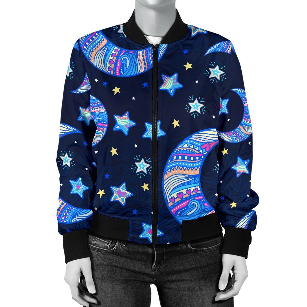 Celestial Pattern Print Women Casual Bomber Jacket-grizzshop