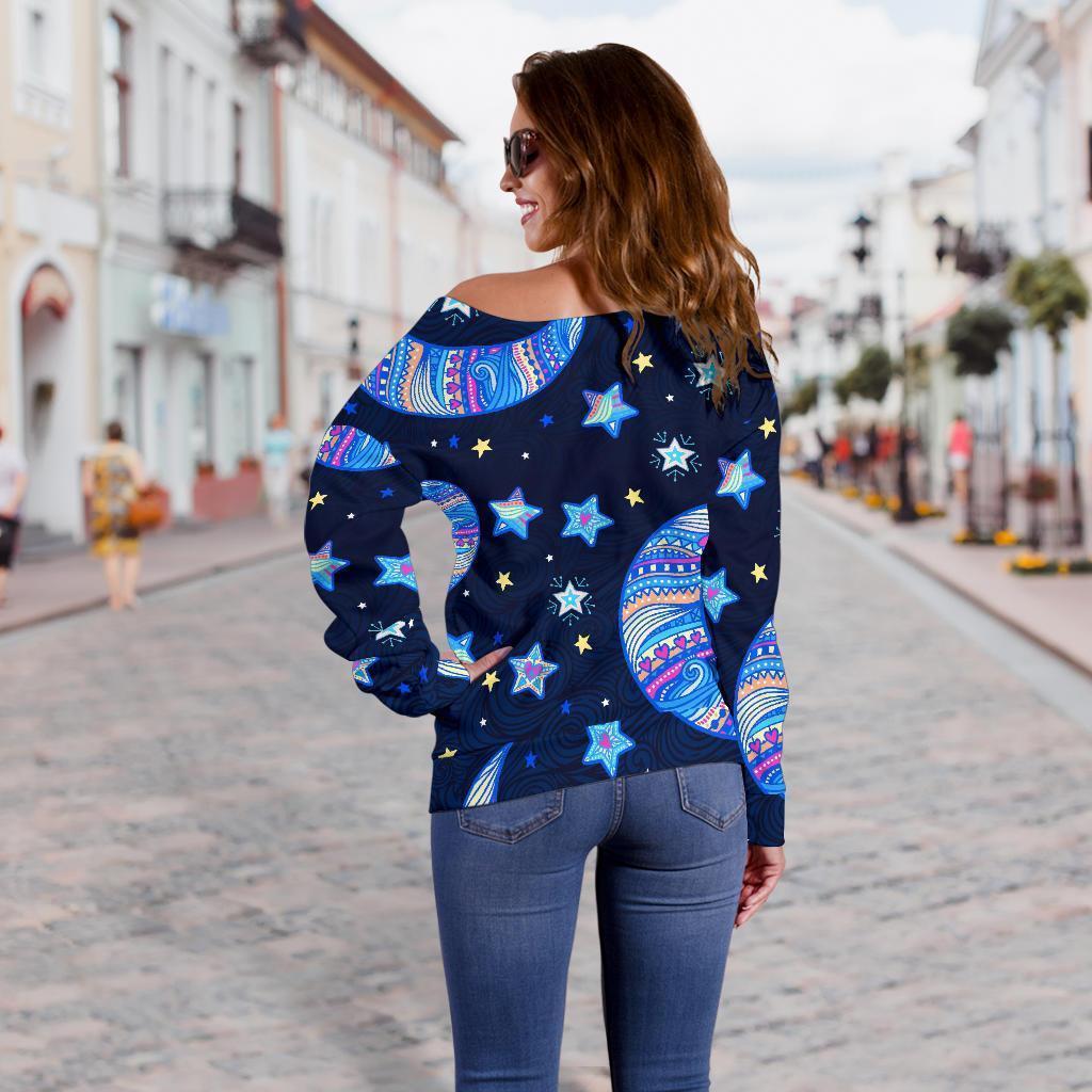 Celestial Pattern Print Women Off Shoulder Sweatshirt-grizzshop
