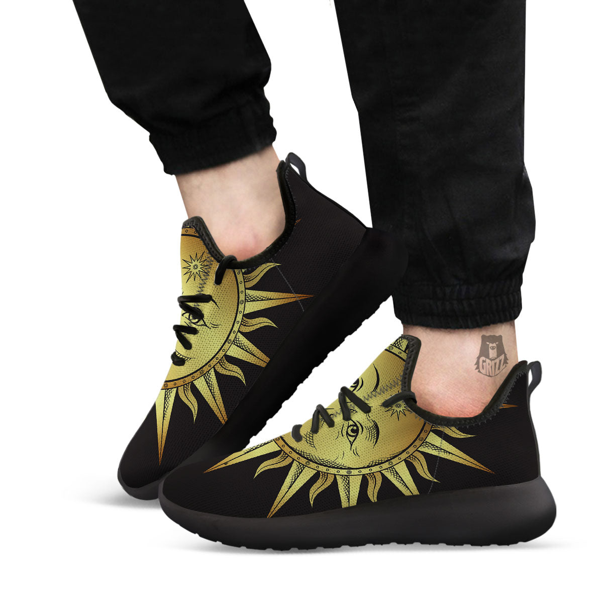 Celestial Sun Gold And Black Print Black Athletic Shoes-grizzshop
