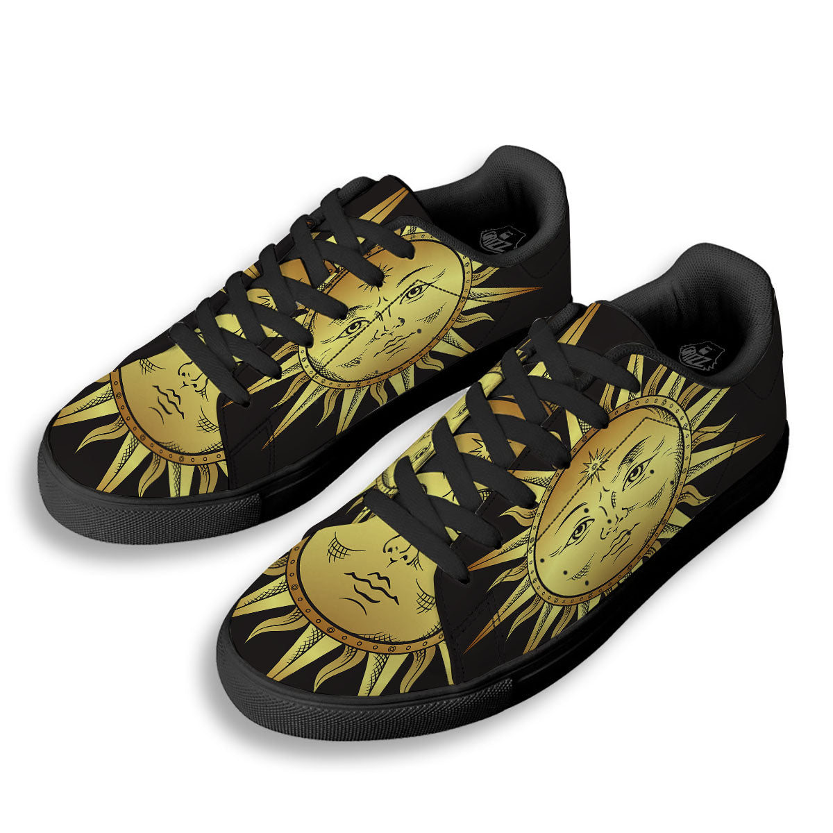 Celestial Sun Gold And Black Print Black Low Top Sneakers-grizzshop