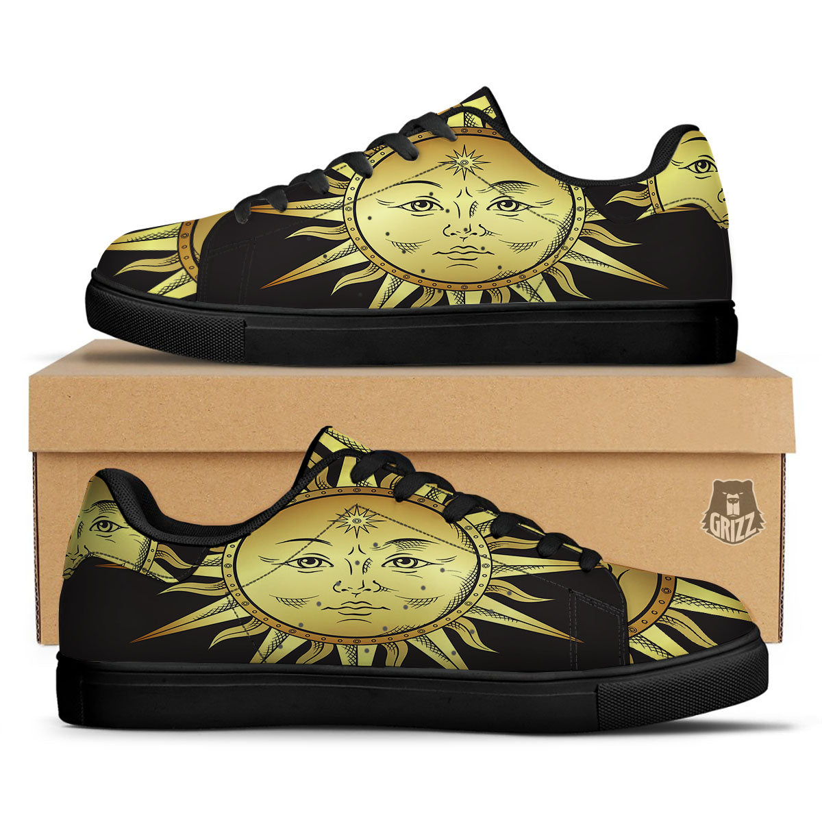Celestial Sun Gold And Black Print Black Low Top Sneakers-grizzshop