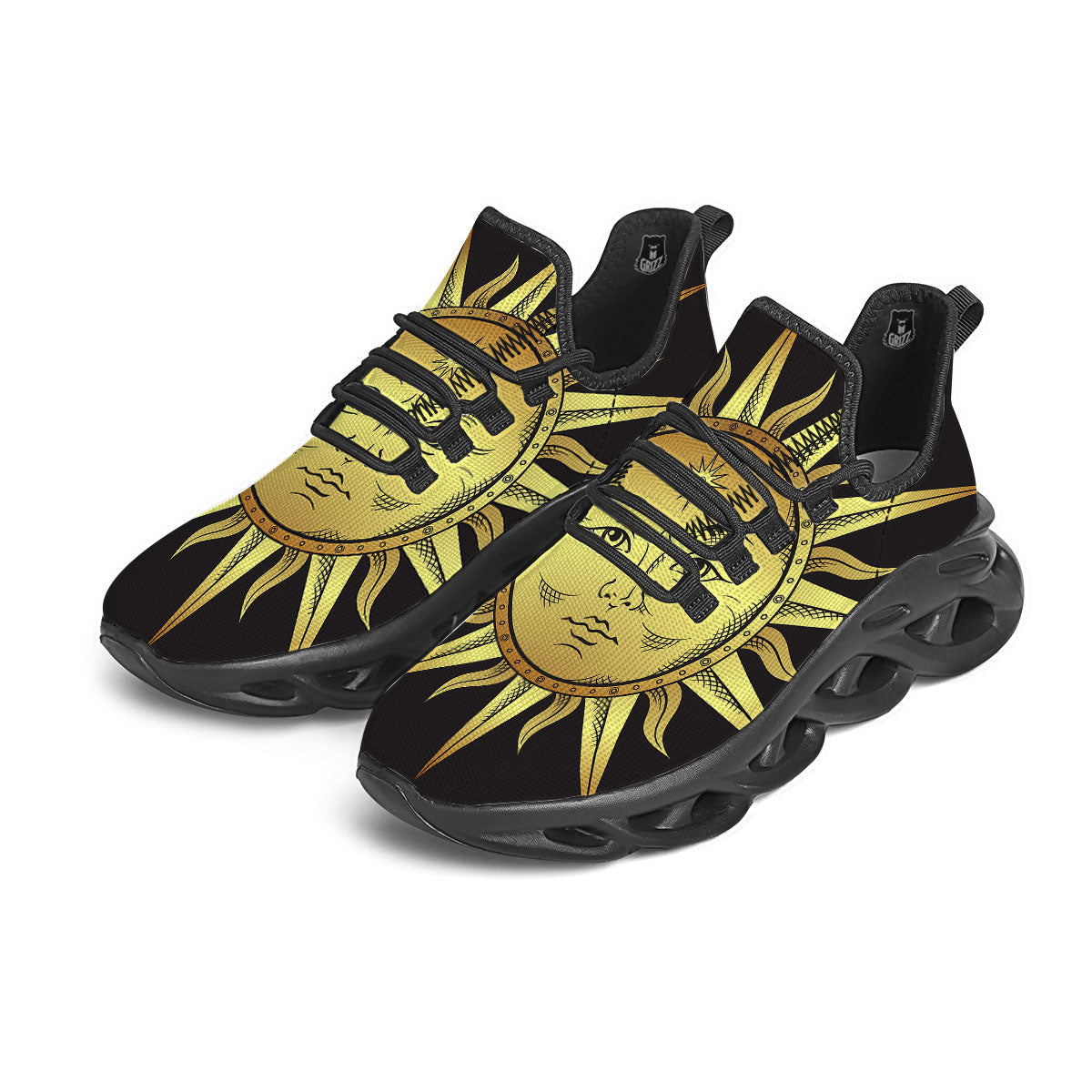 Celestial Sun Gold And Black Print Black Running Shoes-grizzshop