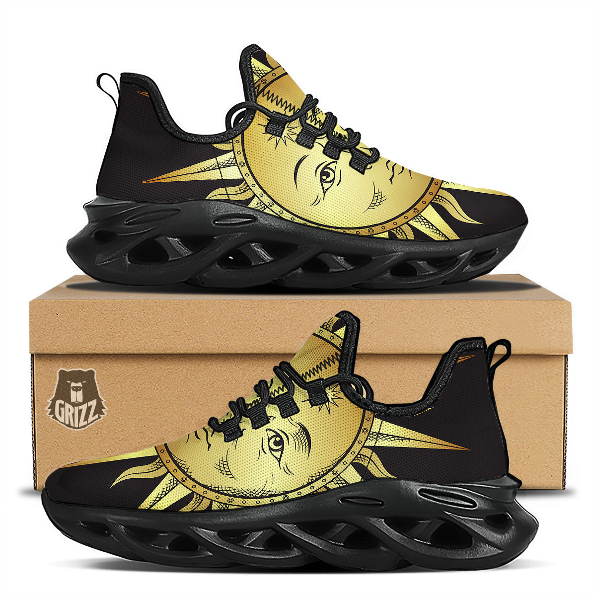 Celestial Sun Gold And Black Print Black Running Shoes-grizzshop