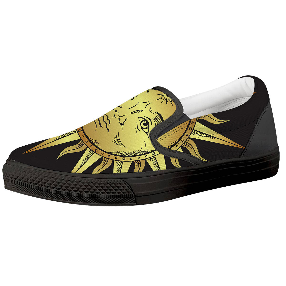 Celestial Sun Gold And Black Print Black Slip On Shoes-grizzshop