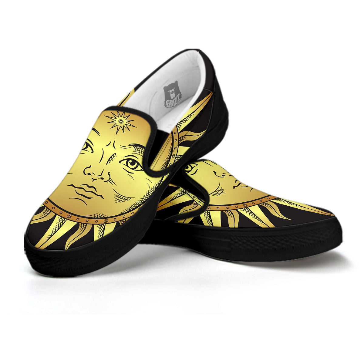 Celestial Sun Gold And Black Print Black Slip On Shoes-grizzshop