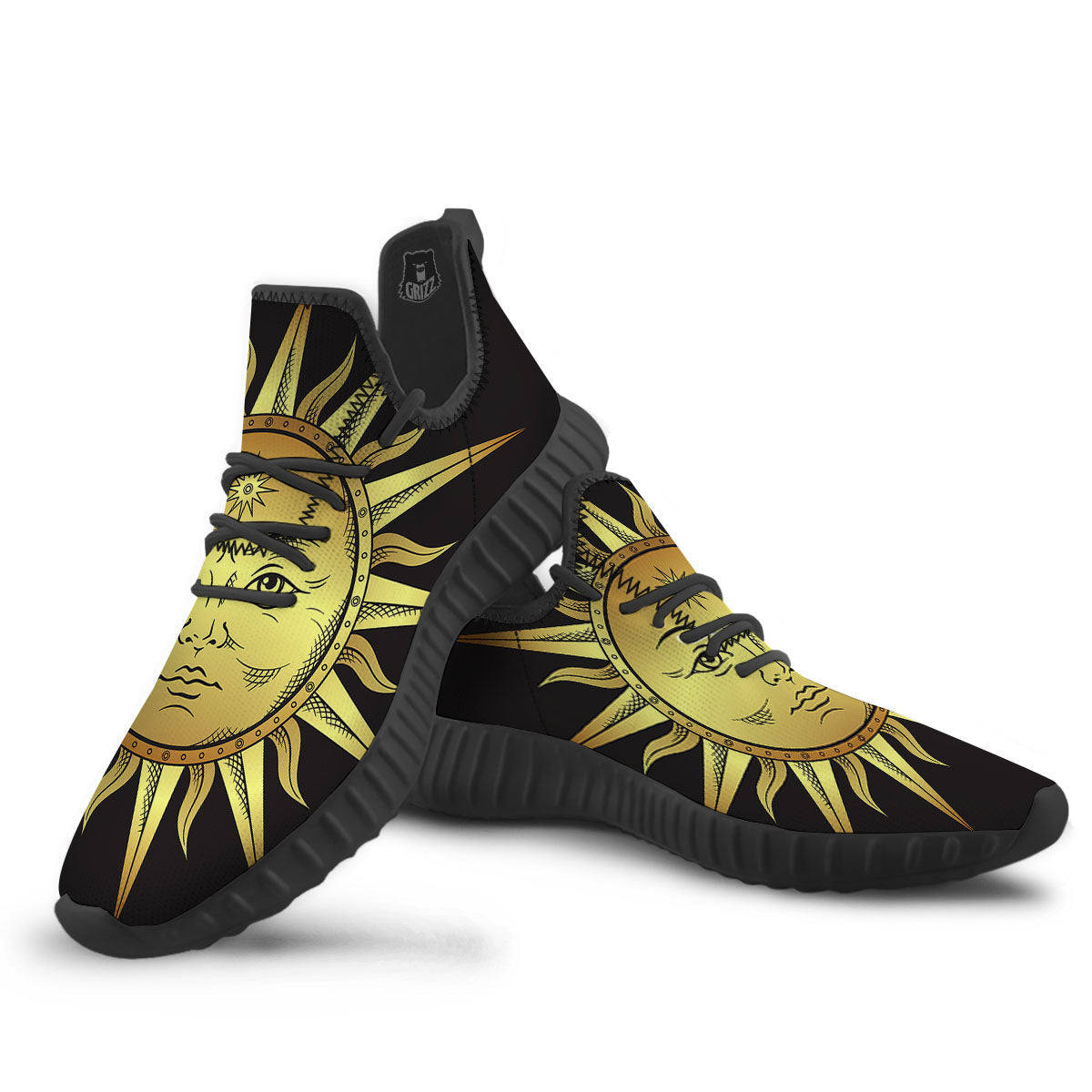 Celestial Sun Gold And Black Print Black Walking Shoes-grizzshop