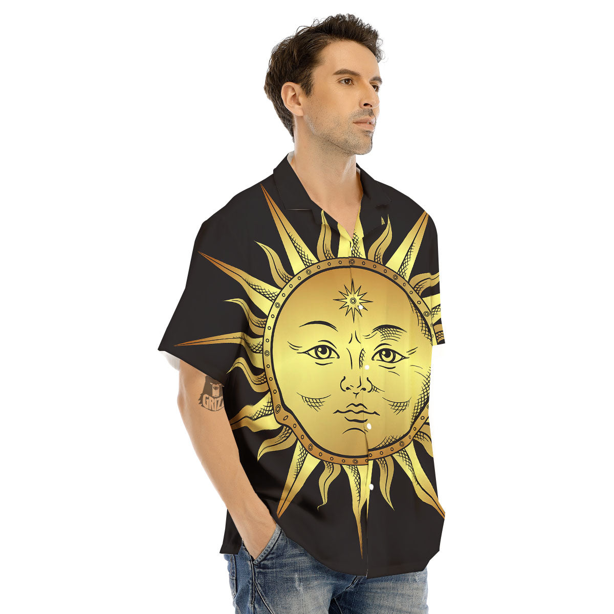 Celestial Sun Gold And Black Print Men's Hawaiian Shirt-grizzshop