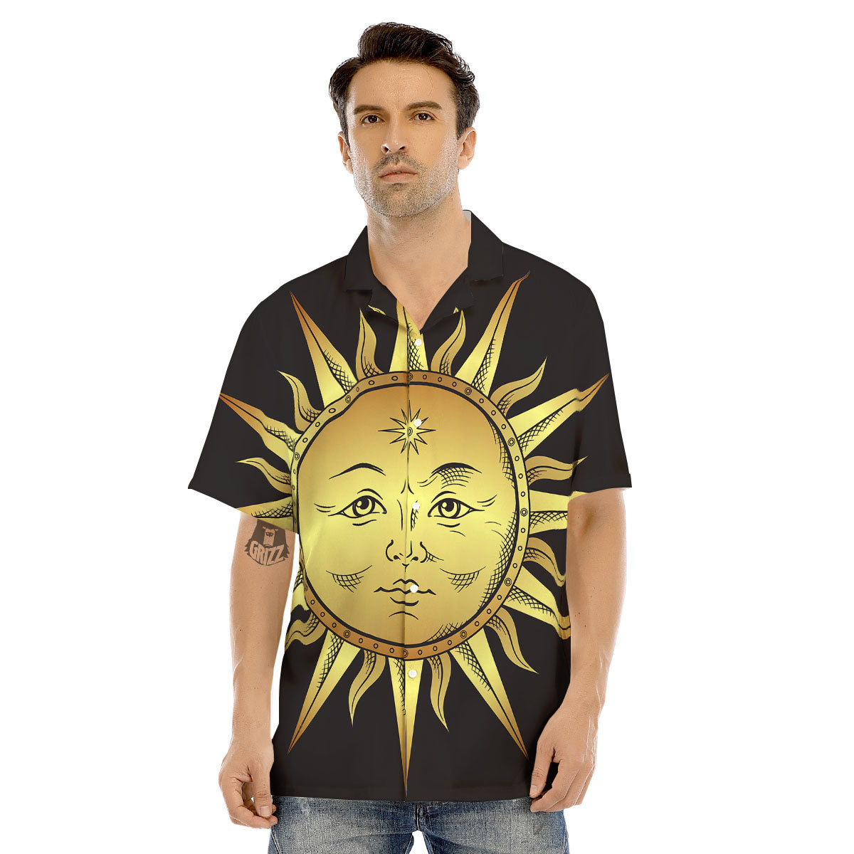 Celestial Sun Gold And Black Print Men's Hawaiian Shirt-grizzshop