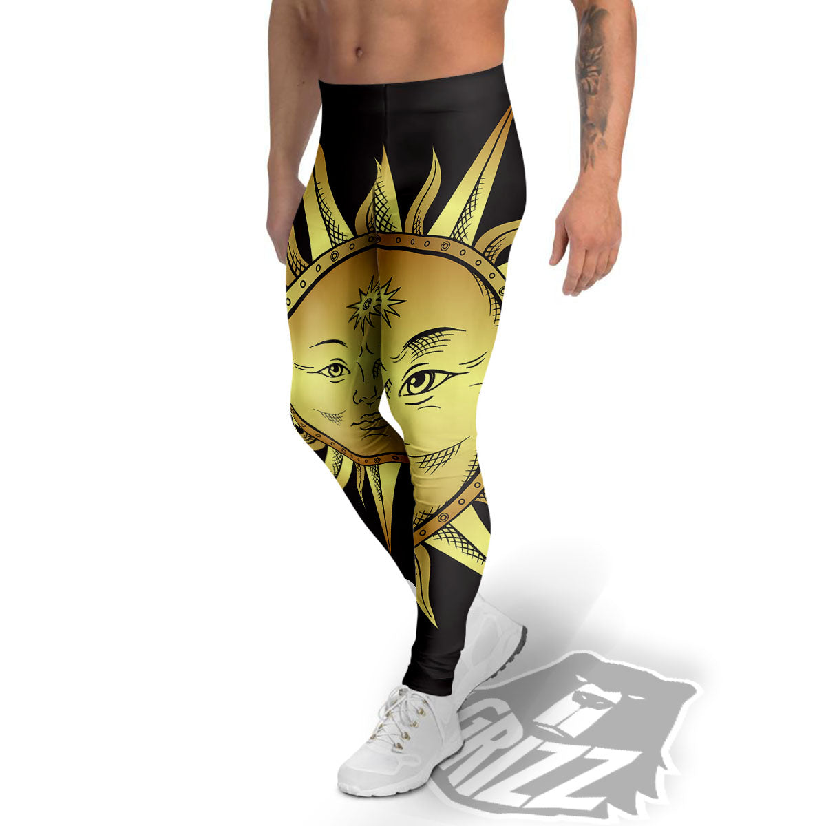 Celestial Sun Gold And Black Print Men's Leggings-grizzshop