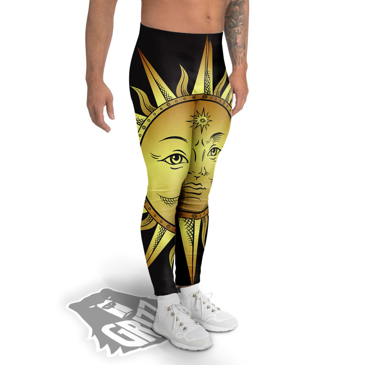 Celestial Sun Gold And Black Print Men's Leggings-grizzshop