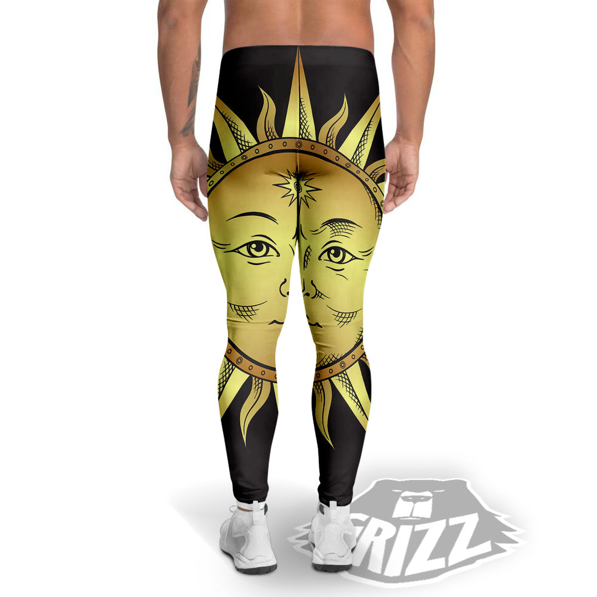 Celestial Sun Gold And Black Print Men's Leggings-grizzshop